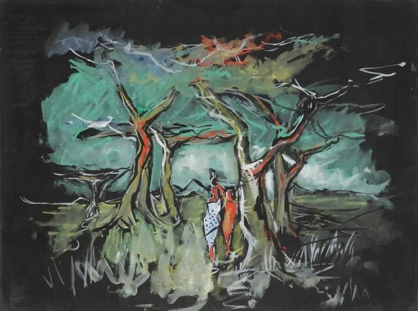 Alexander SKUNDER BOGHOSSIAN [éthiopien] (1937-2003)
Femme dans un paysage, 1960. Gouache. Signée et datée en bas vers le milieu. 50 x 65 cm