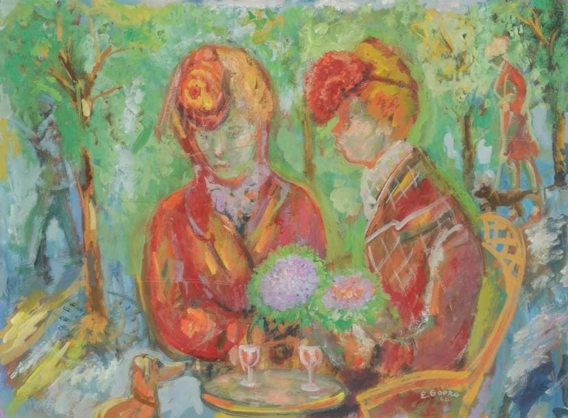 Edouard Goerg (1893-1969)
Deux femmes attablées, 1942. Gouache. Signée et datée en bas vers la droite. 39 x 53 cm