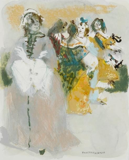 Lucien-Joseph FONTANAROSA (1912-1975)
Maquette pour le livre Pierre Corneille Théâtre complet de Philippe Lebaud - Mélite Acte V Scène IV. Technique mixte sur papier. Signée en bas à droite. 27 x 22 cm
