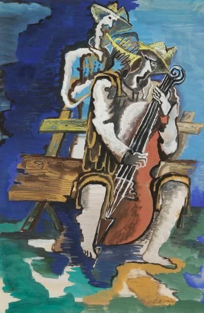 Ossip ZADKINE (1890-1967)
Les Musiciens de campagne, 1954. Gouache. Signée et datée en bas à droite. 61 x 41 cm. Nous remercions le musée Zadkine d'avoir confirmé l'authenticité de cette oeuvre
