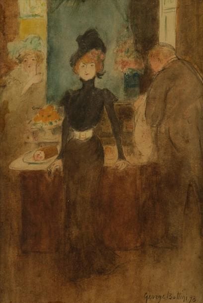 GEORGE BOTTINI (1874-1907)
Femme en noir appuyée à un buffet, 1898. Aquarelle. Signée et datée dans l'angle inférieur droit du sujet. 24,1 x 16,2 cm