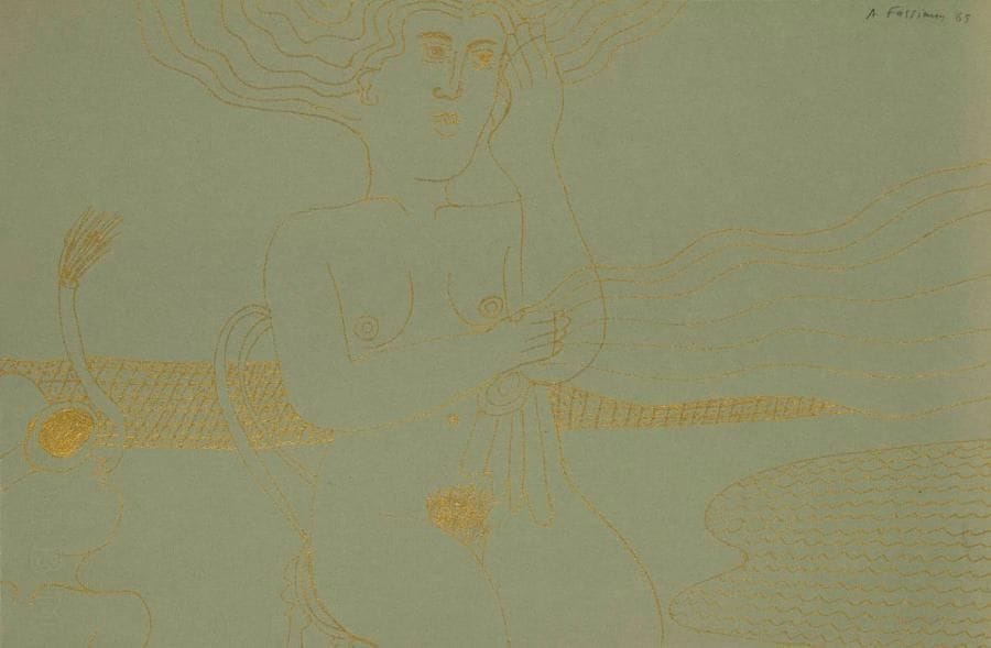 Alexandre FASSIANOS [grec] (né en 1935)
Femme nue, 1969. Dessin à l'encre or sur papier vert. Signé et daté en haut à droite. 32 x 48 cm. Provenance:. Galerie Paul Facchetti, Paris