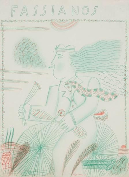 Alexandre FASSIANOS [grec] (né en 1935)
Fumeur sur sa bicyclette, 1971. Dessin au crayon de couleur. Signé et daté en bas au milieu. Annoté Fassianos en lettre majuscule dans la partie supérieure. 32,5 x 23,5 cm. Provenance:. Galerie Paul Facchetti, Paris