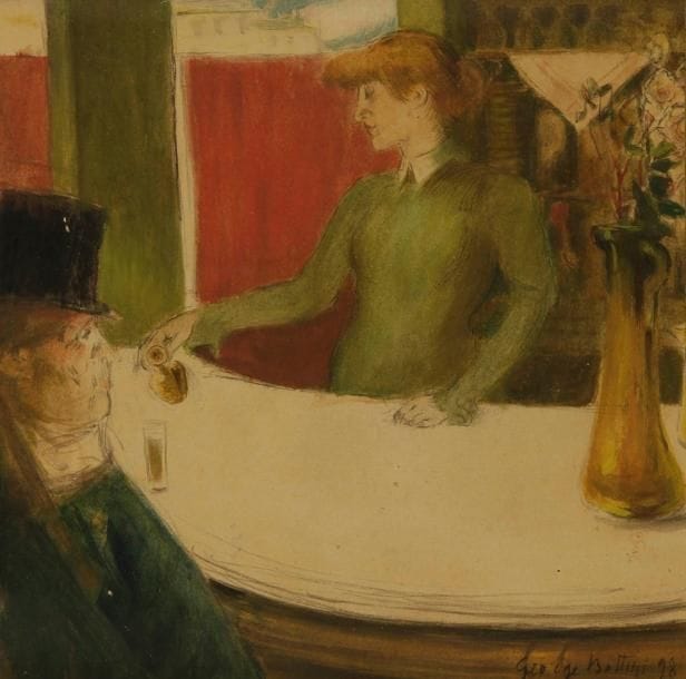 GEORGE BOTTINI (1874-1907)
Le Zinc, 1898. Aquarelle et encre de chine. Signée et datée en bas à droite. Au verso, étiquette de la galerie Bernheim-Jeune avec annotation: «Monsieur Pellequer / 35 bis Rue Jouffroy». 20,2 x 20,2 cm
