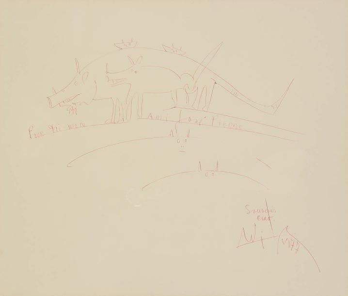 Wifredo LAM [cubain] (1902-1982)
Deux animaux fantastiques, 1977. Dessin au stylo bille. Signé, daté et dédicacé. 41 x 48,5 cm