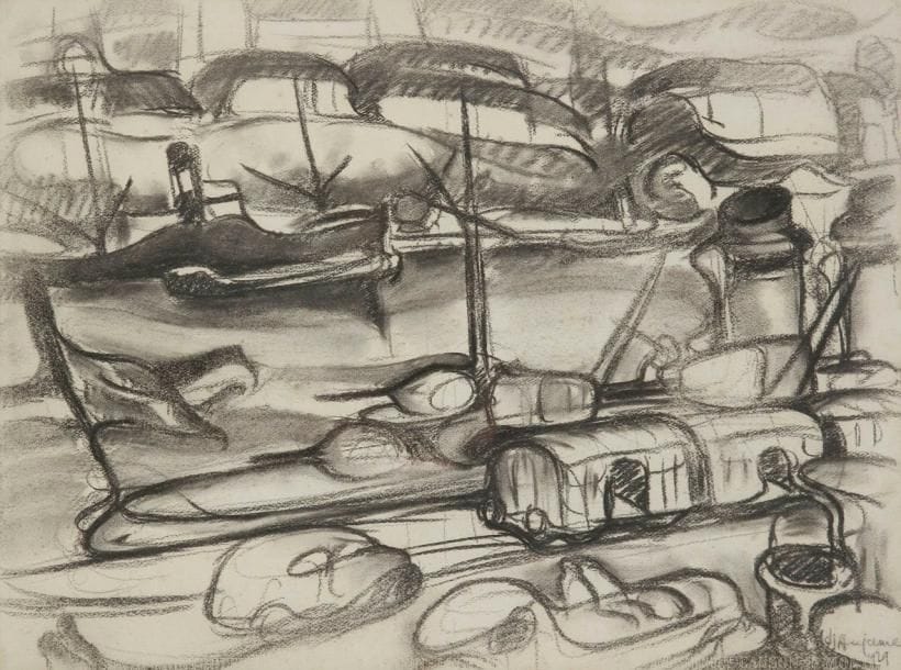Jean Aujame (1905-1965)
Le Port de Rouen, 1929. Dessin au fusain. Signé et daté en bas à droite. 46 x 61,5 cm