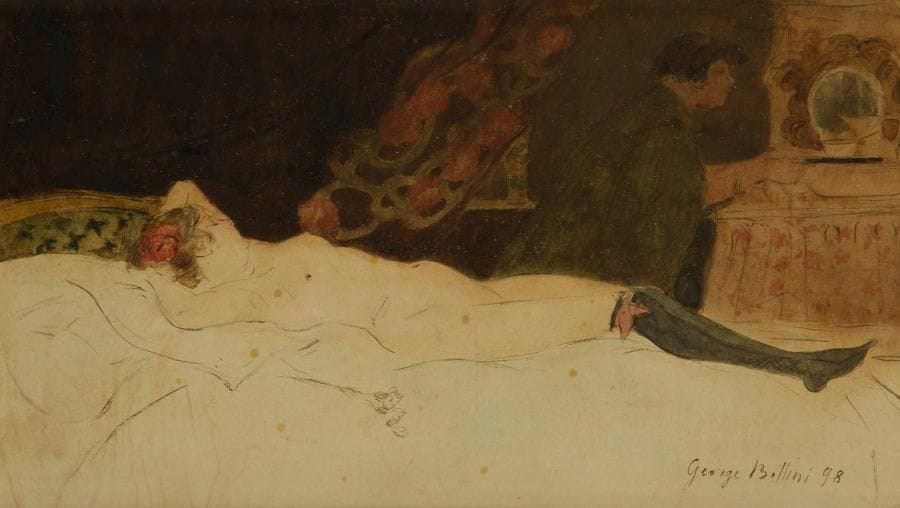 GEORGE BOTTINI (1874-1907)
Femme nue allongée, scène de maison close, 1898. Aquarelle. Signée et datée en bas à droite. (Quelques rousseurs claires éparses). 15,5 x 27,8 cm