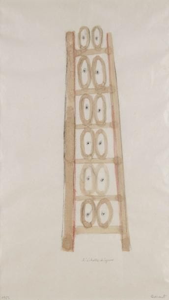 Jean-Luc Parant (né en 1945)
L'Échelle d'Yeux, 1963. Dessin au crayon et aquarelle. Signé, daté et titré. 47 x 25 cm