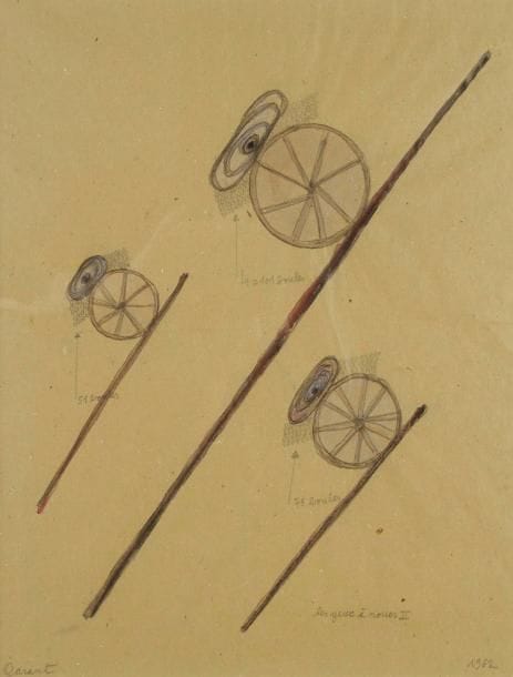 Jean-Luc Parant (né en 1945)
Les Yeux à roues II, 1962. Dessin au crayon et aquarelle. Signé, daté et titré. (Plis). 43,5 x 33,5 cm
