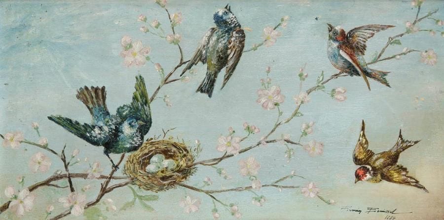 Firmin-étienne BOUISSET (1859-1925)
Les Oiseaux, 1884. Huile sur panneau. Signée et datée en bas à droite. 14 x 28 cm