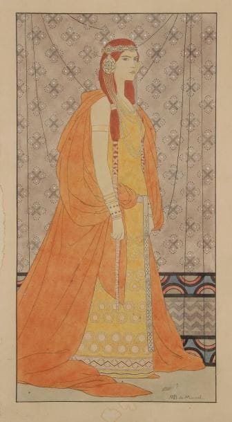 Louis-Maurice BOUTET DE MONVEL. (1850-1913)
Femme vêtue à l'antique. Dessin à l'encre et aquarelle. Signé en bas à droite. (Taches dans les marges, petit trou en bas à droite). 40 x 20 cm