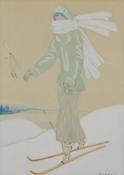 REINOSO (XXe siècle)
La Skieuse, vers 1920. Dessin à l'encre et aquarelle. Signé en bas à droite. 32 x 24 cm