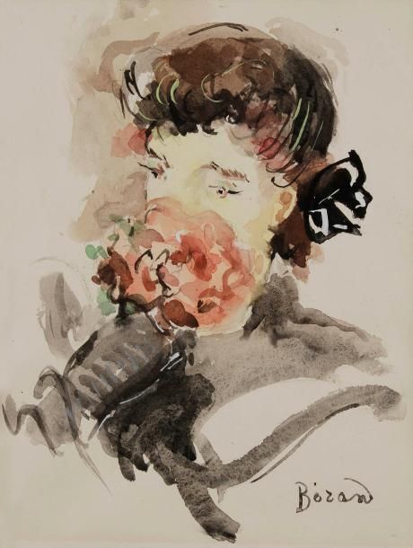 Christian BÉRARD (1902-1949)
Femme à la rose. Dessin à l'encre, aquarelle et rehauts de gouache. Signé en bas à droite. 40 x 30,5 cm