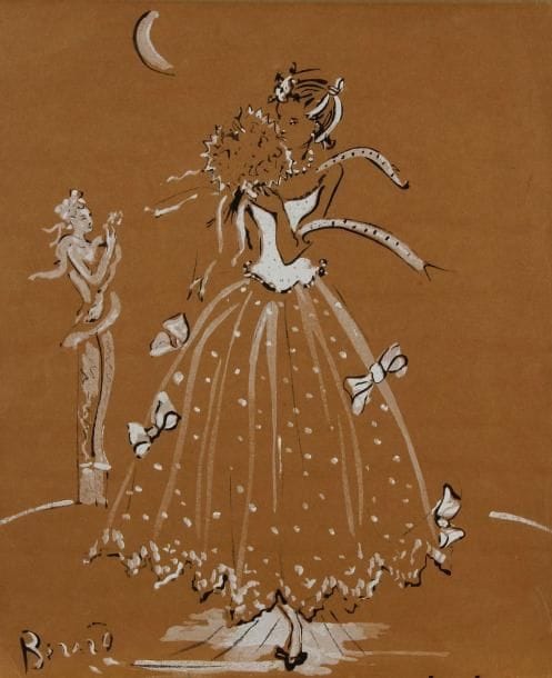 Christian BÉRARD (1902-1949)
Femme en robe au rubans blancs. Dessin à l'encre et gouache sur vélin ocre. Signé en bas à gauche. 35 x 29 cm