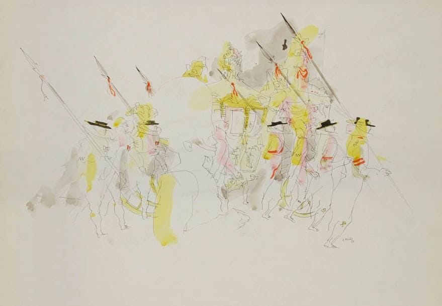 Jean PAGES (1903-1976)
Couronnement de la Reine Elizabeth II pour Vogue Grande-Bretagne, 1953. Dessin à l'encre et aquarelle. Signé et daté en bas à droite. (Déchirures et plis en marges). 59 x 74 cm
