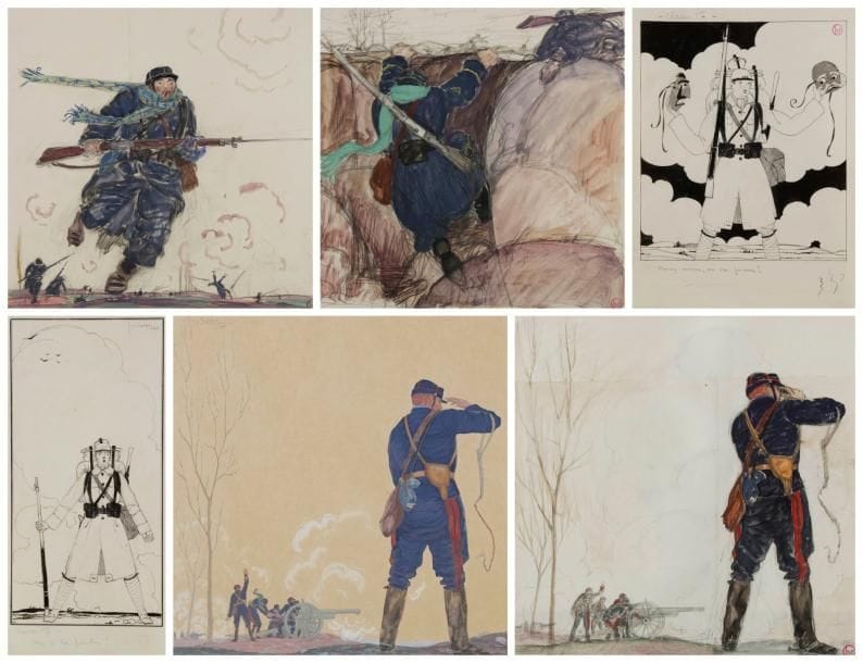 Georges LEPAPE (1887-1971)
Le Canon (2) - La Tranchée - L'Assaut, 1915. 4 dessins au crayon, aquarelle et gouache. Projet pour l'édition spéciale de La Gazette du Bon Ton et la Guerre. L'un signé et daté, les autres portant le cachet du monogramme. 30 x 30 cm chaque. Joint: deux dessins en noir et blanc, Classe 17. Bibliographie: Georges Lepape, Herscher Paris, 1983, deux reproduits page 82