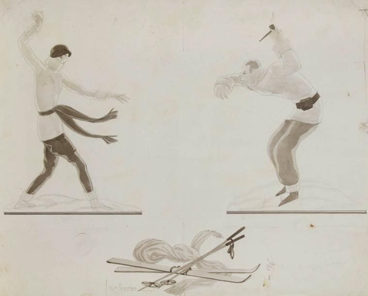 Georges LEPAPE (1887-1971)
Adieu à la neige pour Vogue USA, 1915. Dessin à la mine de plomb et lavis d'encre. Signé et daté en bas vers la gauche. 28 x 35 cm