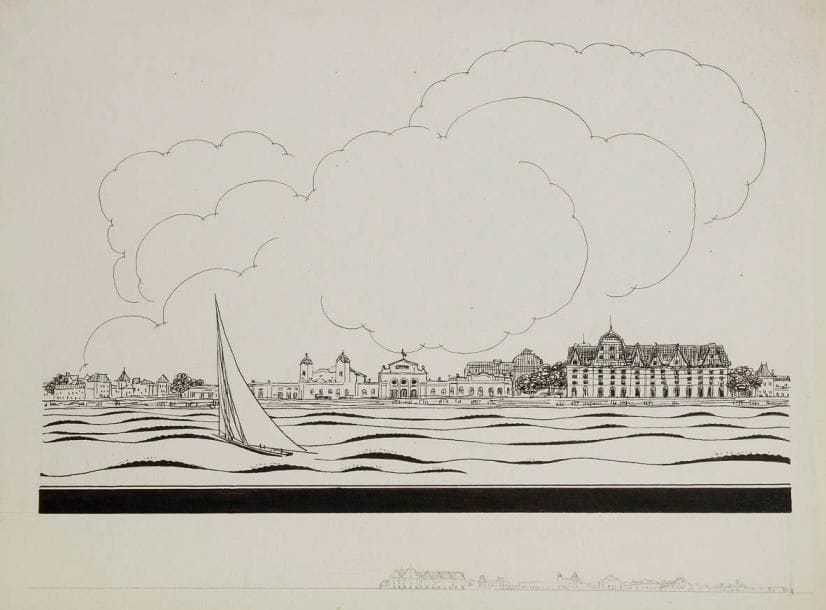 Georges LEPAPE (1887-1971)
Deauville, vers 1920. Dessin à l'encre. Esquisse en remarque à la mine de plomb sous la composition. 22 x 31 cm