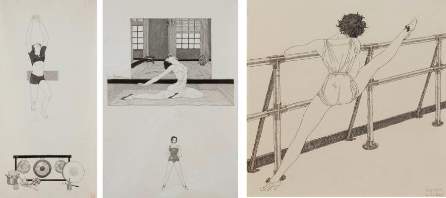 Georges LEPAPE (1887-1971)
Étude de gymnastique pour Vogue USA, 1927 et 1932. 3 dessins à l'encre. Deux signés et l'un portant le cachet du monogramme. 43 x 21 cm, 18 x 18 cm et 42 x 20,5 cm