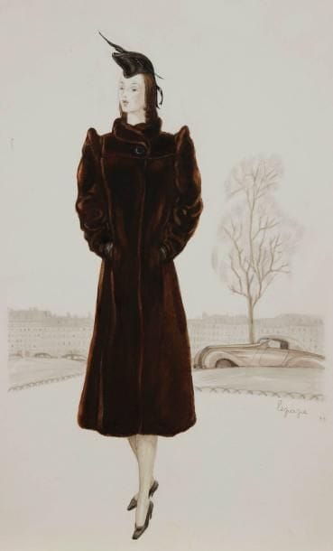 Georges LEPAPE (1887-1971)
Femme à la fourrure, dessin de mode pour Vogue France, 1939. Dessin à la mine de plomb et aquarelle. Signé et daté en bas à droite. 42,5 x 26 cm