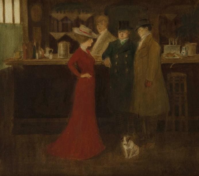 GEORGE BOTTINI (1874-1907)
Personnages au zinc avec petit chien, 1899. Aquarelle. Signée et datée en bas à droite. Au verso, ancienne étiquette d'une vente de 1944 (Schoeller expert) et autre étiquette d'une vente Loudmer. 22,3 x 25,3 cm