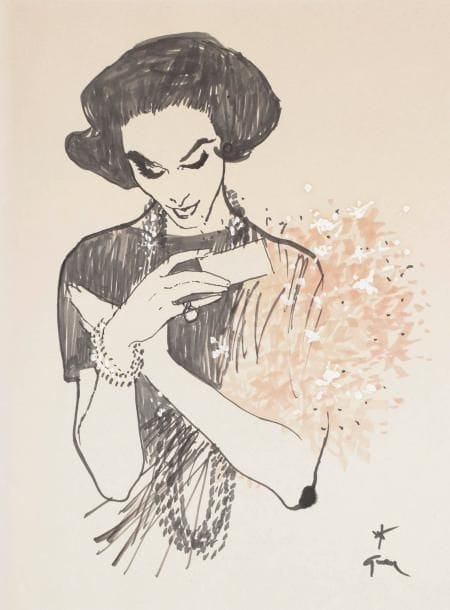 René GRUAU (1909-2004)
Kouka à la carte de visite. Dessin au feutre, aquarelle et gouache. Signé en bas à droite. 51,5 x 36 cm. Provenance:. Collection Kouka