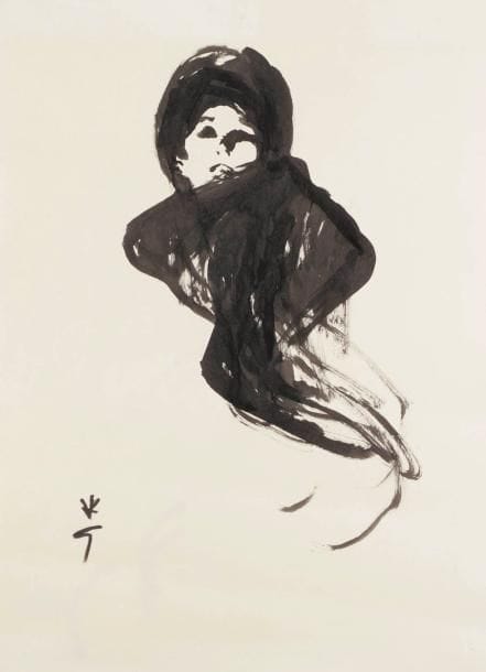 René GRUAU (1909-2004)
Femme à l'écharpe. Dessin à l'encre. Signé en bas à gauche. Tampon de l'artiste au dos. (Déchirure). 50 x 37 cm. Provenance:. Collection Kouka