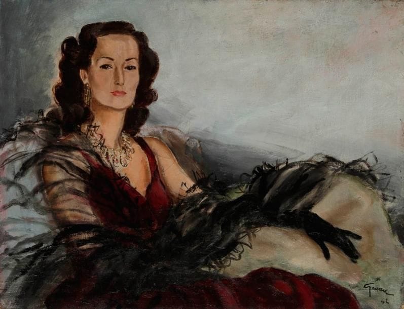 René GRUAU (1909-2004)
Portrait d'élégante, 1946. Huile sur toile. Signée et datée en bas à droite. 38 x 48,5 cm