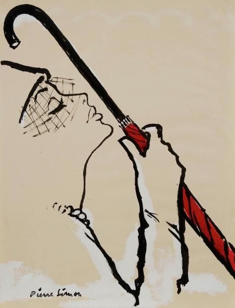 Pierre SIMON (1907-1999)
Femme au parapluie, 1950. Dessin à l'encre, aquarelle et gouache. Signé en bas à gauche. 35,5 x 27 cm