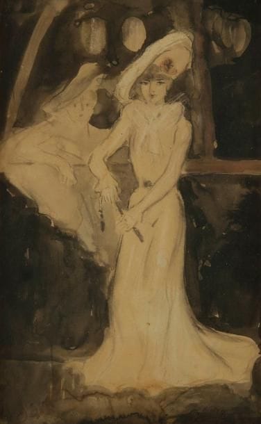 GEORGE BOTTINI (1874-1907)
Deux femmes en blanc, l'une tenant un éventail. Dessin au lavis d'encre de chine et aquarelle. Signé en bas à droite. 28,2 x 17,5 cm