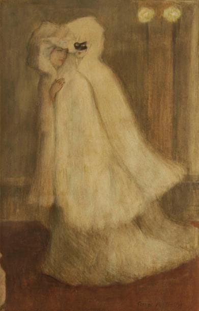 GEORGE BOTTINI (1874-1907)
Deux femmes au bal masqué, 1899. Aquarelle et encre de chine. Signée et datée en bas à droite. 35,8 x 23 cm
