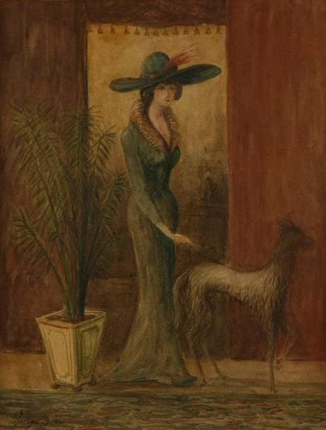 GEORGE BOTTINI (1874-1907)
Femme au lévrier afghan. Aquarelle. Signée en bas à gauche. 30,8 x 23,4 cm