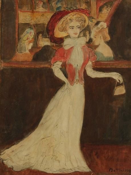 GEORGE BOTTINI (1874-1907)
Femme tenant une bourse, au théâtre, 1903. Aquarelle et encre de chine. Signée et datée en bas à droite. 26 x 19,5 cm