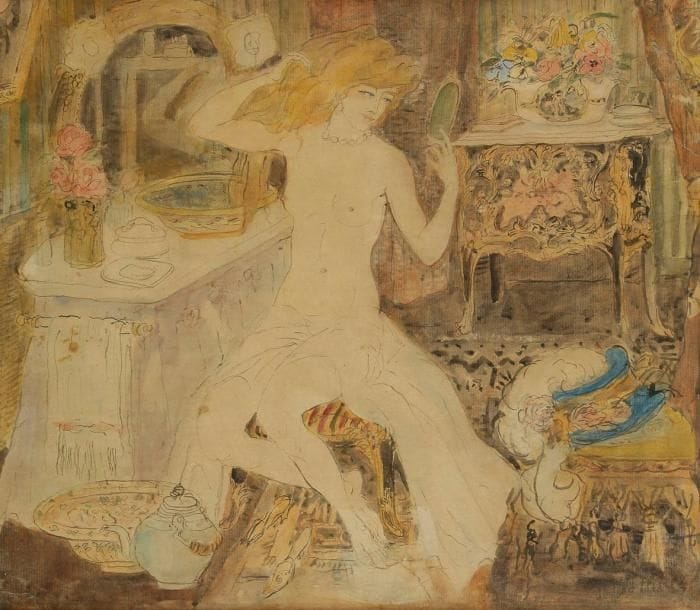 GEORGE BOTTINI (1874-1907)
La Toilette - Femme au miroir devant sa coiffeuse, 1904 ou 1905. Aquarelle et encre de chine. Signée en bas à droite (signature légèrement passée) et datée. (Petite déchirure dans l'angle inférieur gauche. Quelques petites rousseurs). 30 x 34,8 cm