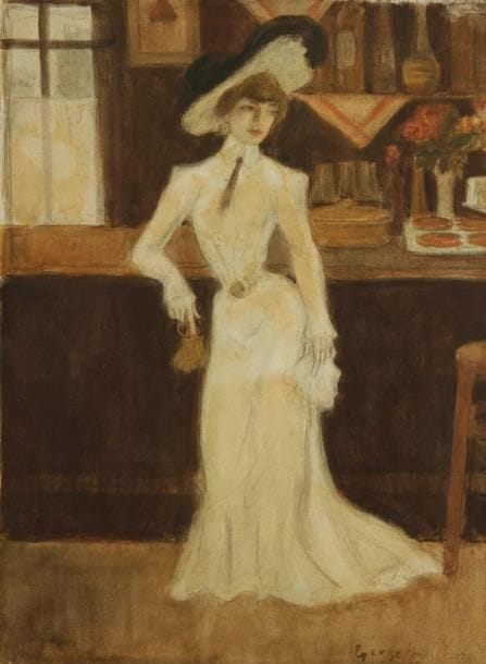 GEORGE BOTTINI (1874-1907)
Femme en blanc au pochon, accoudée au zinc, 1907. Aquarelle. Signée et datée en bas à droite. 34 x 24,8 cm