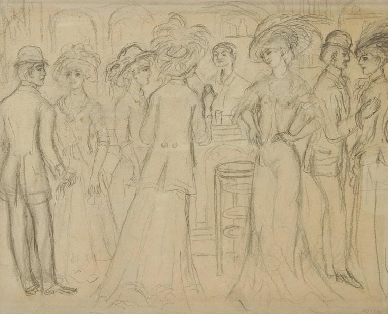 GEORGE BOTTINI (1874-1907)
Personnages au zinc. Dessin à la mine de plomb. Timbre de l'atelier en bas à droite (Lugt 283). (Légère oxydation du feuillet). 23,5 x 29,5 cm