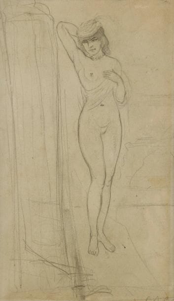 GEORGE BOTTINI (1874-1907)
Nu en pied auprès d'un paravent, une toque sur la tête. Dessin à la mine de plomb. Signé du monogramme en bas à droite. (Légère oxydation du feuillet). Au verso, certificat à la plume et à l'encre sépia: «Je certifie que ce dessin est de mon cousin G. Bottini / [signature indéchiffrable]». (Légère oxydation du feuillet). 26,5 x 15,5 cm