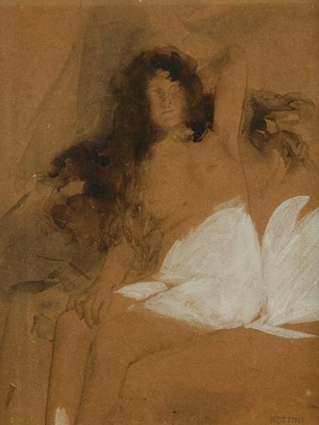GEORGE BOTTINI (1874-1907)
Femme assise, chevelure noire. Dessin au lavis d'encre de chine et gouache blanche. Annotation «BOTTINI» à la mine de plomb dans l'angle inférieur droit. (Petite trace de colle dans l'angle inférieur gauche). 16,8 x 13 cm