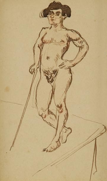GEORGE BOTTINI (1874-1907)
Femme nue sur une estrade, 1904. Dessin à la plume et encre sépia avec légers rehauts d'aquarelle. Au verso, annotation: «Exposition Bottini (1943) [...] Étude pour une illustration de La Maison Philibert de Jean Lorrain 1904». (Deux petites rousseurs claires circulaires). 11 x 6,7 cm