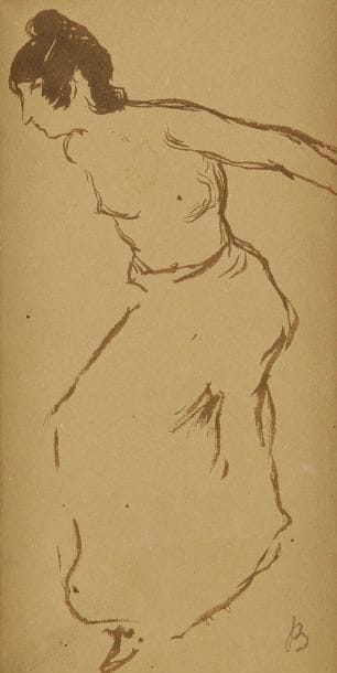 GEORGE BOTTINI (1874-1907)
Femme au buste dévêtu, étude de mouvement. Dessin au pinceau et encre sépia. Signé du monogramme à la mine de plomb en bas à droite. 13 x 6,5 cm