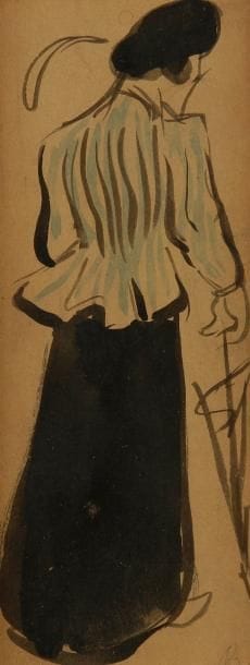 GEORGE BOTTINI (1874-1907)
Femme de dos au parapluie. Dessin au pinceau, encre de chine et aquarelle. Signé du monogramme à la mine de plomb en bas à droite. 14,2 x 5,5 cm