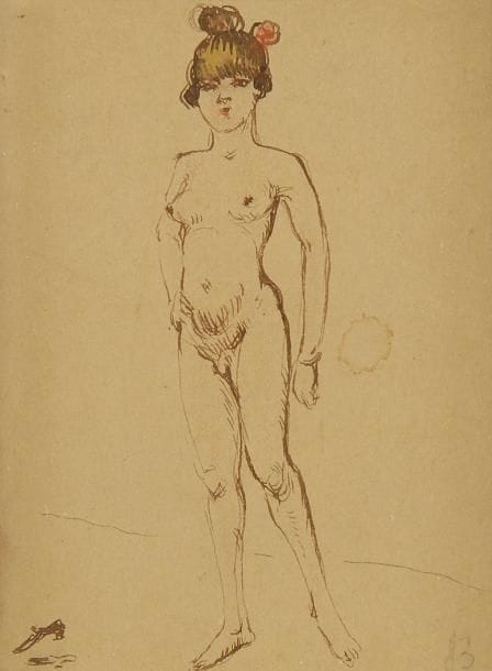 GEORGE BOTTINI (1874-1907)
Jeune fille nue en pied. Dessin à la plume et encre sépia avec légers rehauts (aquarelle, gouache bronze doré et crayon rose). Signé du monogramme à la mine de plomb en bas à droite. 8,5 x 6,5 cm