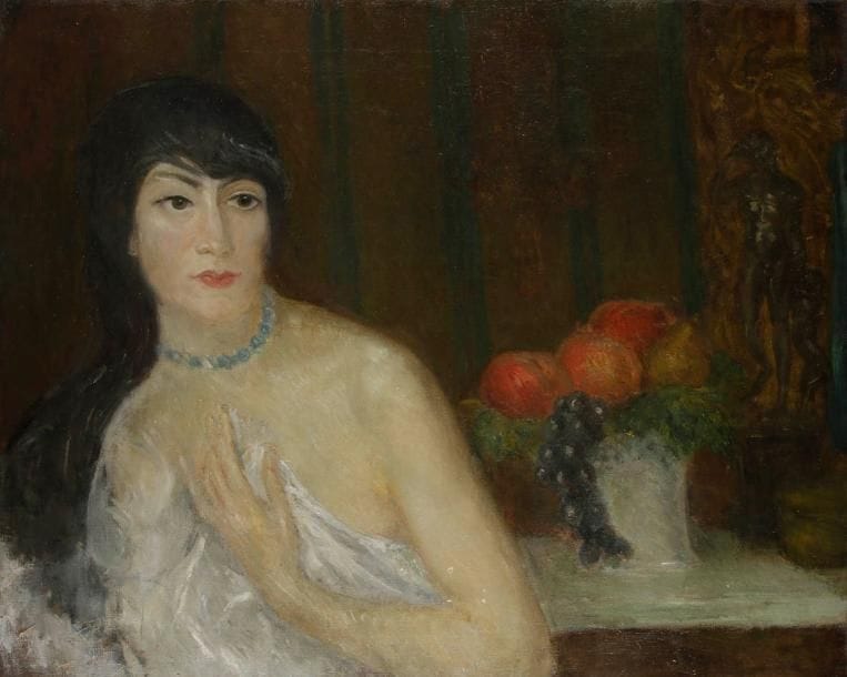 GEORGE BOTTINI (1874-1907)
Femme en buste au bouquet. Huile sur toile. (Rentoilage ancien, petites restaurations et petits manques en surface). 59 x 73 cm