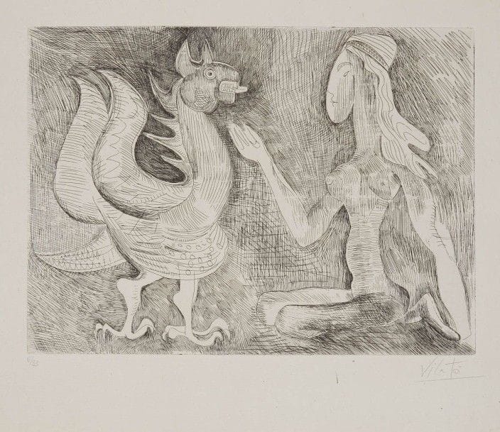 Javier VILATO (1921-2000)
Femme et animal fantastique
Eau-forte.
Signée et numérotée sur 33.
24 x 34 cm