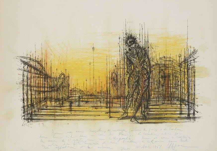 Jean CARZOU (1907-2000)
à la fête foraine, 1959
Lithographie rehaussée.
Signée, datée et annotée Épreuve d’artiste 12/25.
Longue dédicace.
45 x 65 cm