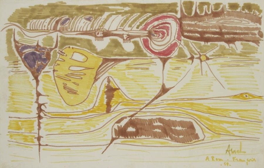 François ARNAL (né en 1924)
Sand and sea, 1959
Dessin à l’encre de couleur.
Signé, daté et dédicacé en bas à droite.
35 x 56 cm