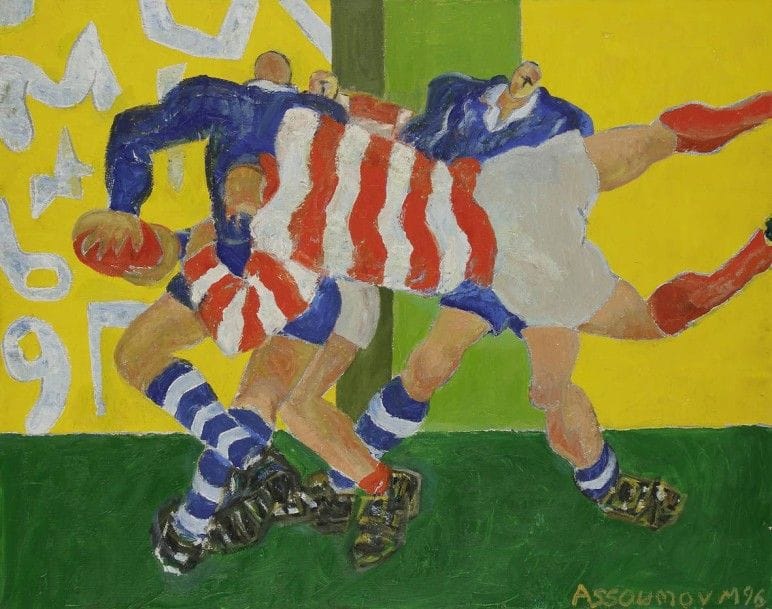 Marine ASSOUMOV (née en 1956)
Le Placage jaune, 1996
Huile sur toile.
Signée et datée en bas à droite.
Signée, datée et titrée au dos.
72 x 93 cm