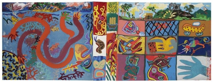Jeffery. F. BEARDSALL (XXe siècle)
Mayan Gods and Sea and Earth, 1995
Technique mixte sur papier plié.
Signée en bas à droite.
Montée sur plexiglas.
57 x 150 cm