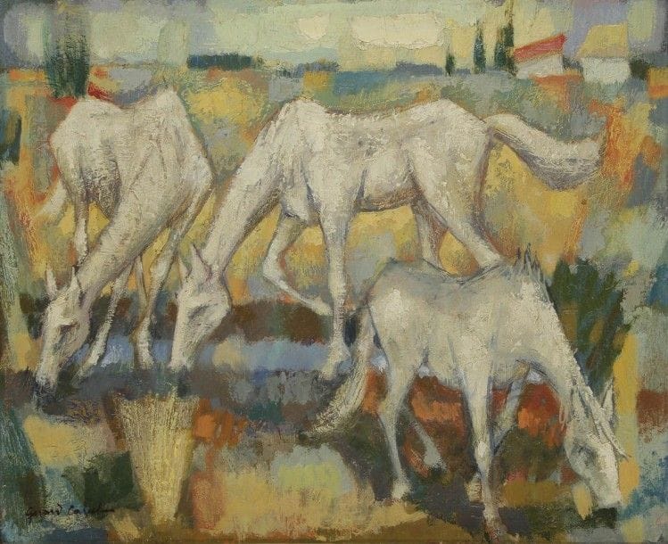 Gérard CALVET (né en 1926)
Chevaux blancs (Lunel)
Huile sur toile.
Signée en bas à gauche.
50 x 61 cm