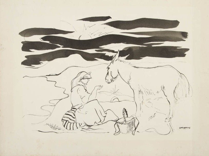 Pedro CREIXAMS [catalan] (1893-1965)
Le Repos de la bergère
Dessin à l’encre.
Signé en bas à droite.
(Plis, petites déchirures et rousseurs).
50 x 65 cm